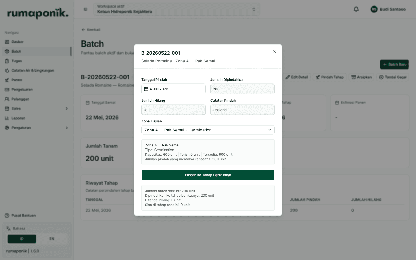 Dialog pindah tahap dari halaman detail batch