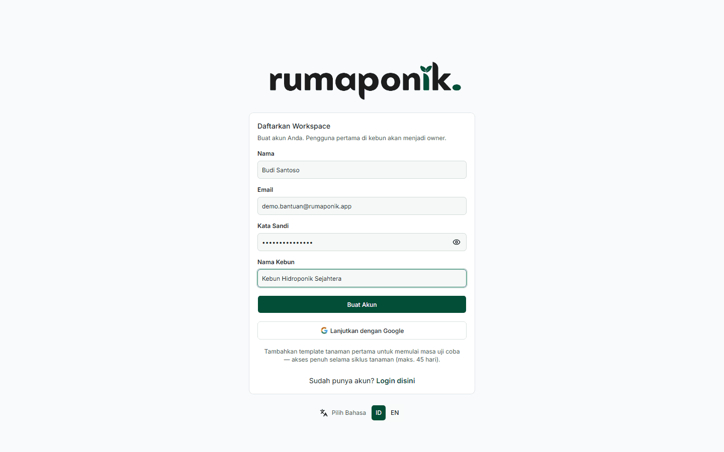 Formulir pendaftaran akun baru