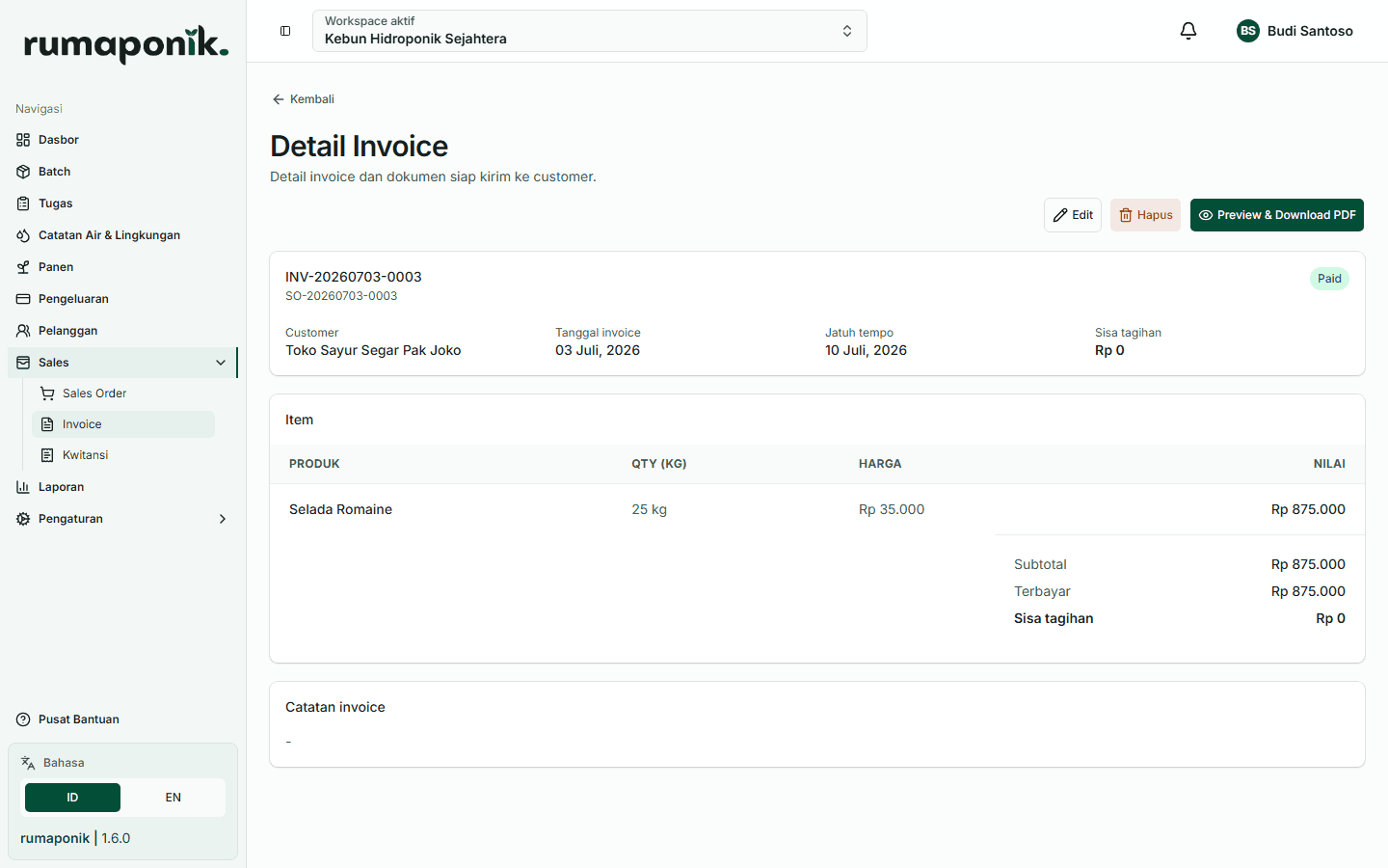Detail invoice yang diterbitkan